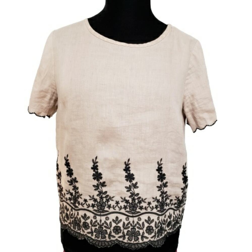 J. Crew 100% Linen Floral Embroidered Scalloped Hem Short Sleeve Top‎ 8